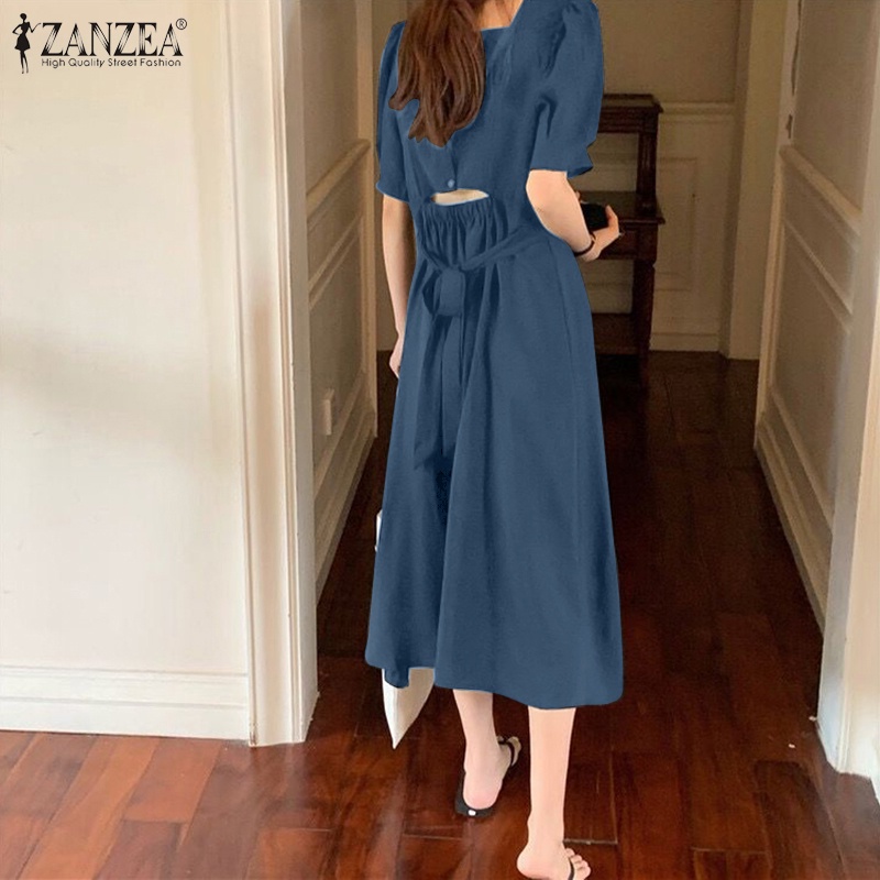 Đầm dài Zanzea tay ngắn chiết eo phong cách Hàn Quốc thanh lịch cho nữ