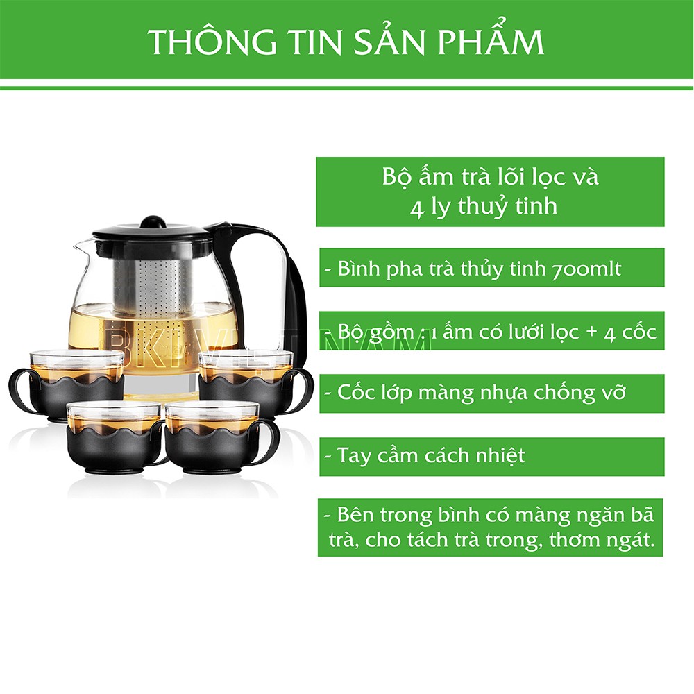 Bộ Ấm Pha Trà Có Lõi Lọc Inox Kèm 4 Ly Thuỷ Tinh, Bình Pha Trà Thủy Tinh 4 Cốc - BINHTRA4LY