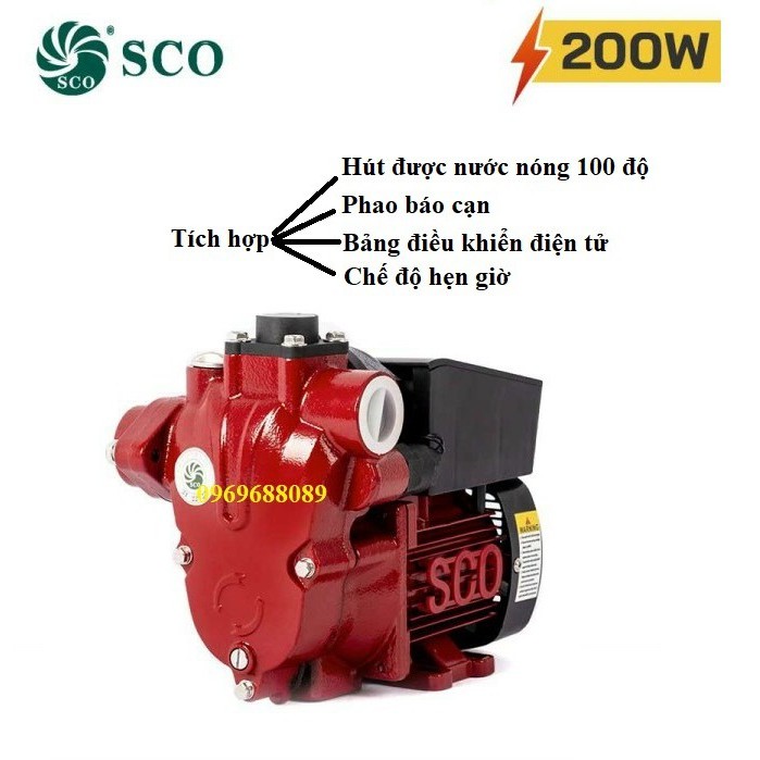 Máy bơm tăng áp điện tử không tiếng ồn SCO 200A (200W) Dùng cho nước nóng 100 độ, Chế độ hẹn giờ, vận hành theo yêu cầu