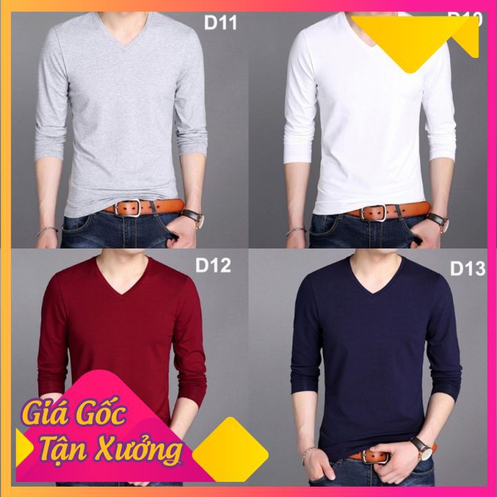 Áo Thun, Áo Phông Nam Dài Tay Cotton Cao Cấp Cổ Tim, Giữ Nhiệt, Chất Cotton Chống Nhăn