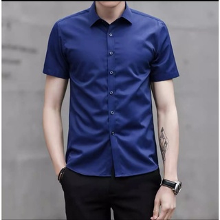 Áo sơ mi ngắn tay FATUNO nam Hàn Quốc màu xanh đen vải cotton lụa chống nhăn không bai xù