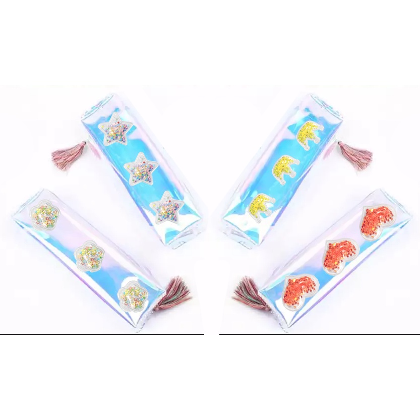 Hộp bút kim tuyến sticker kem ngựa thần Hb186 bóp viết hologram trăng sao hoa tim vương miện cute dễ thương