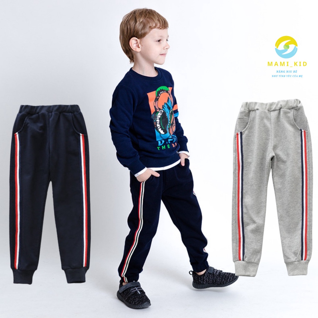 Quần Dài Bé Trai, Quần Nỉ Thu Đông Cho Bé Phối Sọc thể thao sành điệu size đại 10-40kg,chất nỉ mềm đẹp, Mamikid