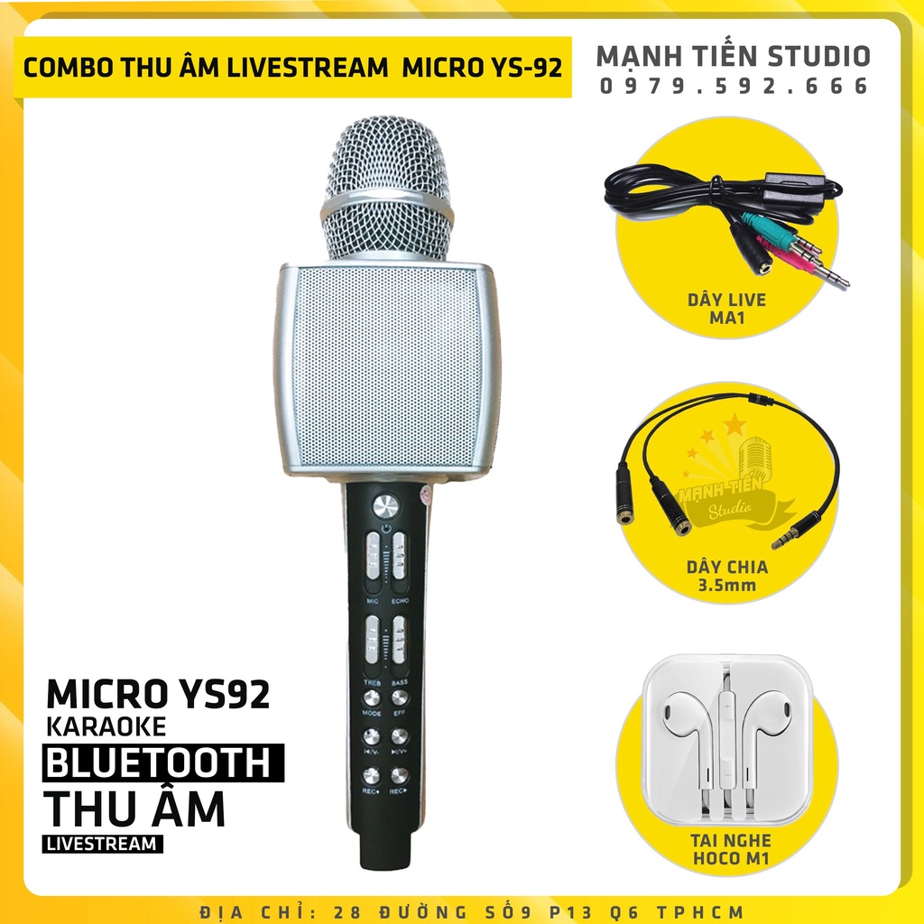 Combo Micro bluetooth Karaoke YS92 - Vừa hát vừa Livestream &amp; Thu âm tặng kèm Ma1 - dây chia tai nghe - tai phone