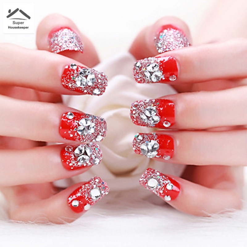 Set 24 móng tay giả màu đỏ đính đá 3D thời trang cho nữ