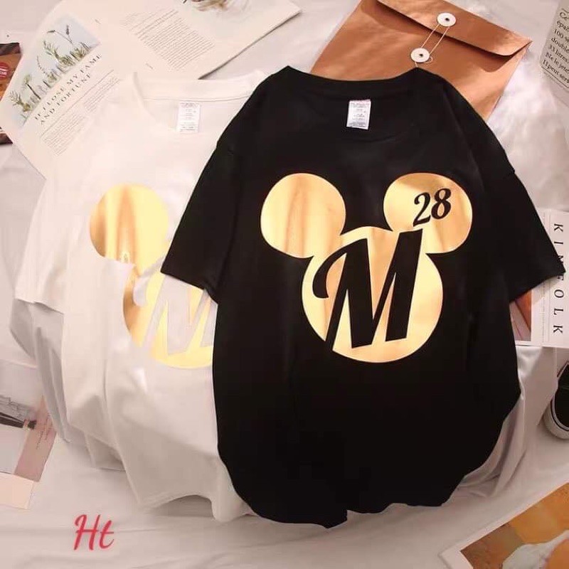 áo thun tay lỡ ánh gương vàng mickey chữ M