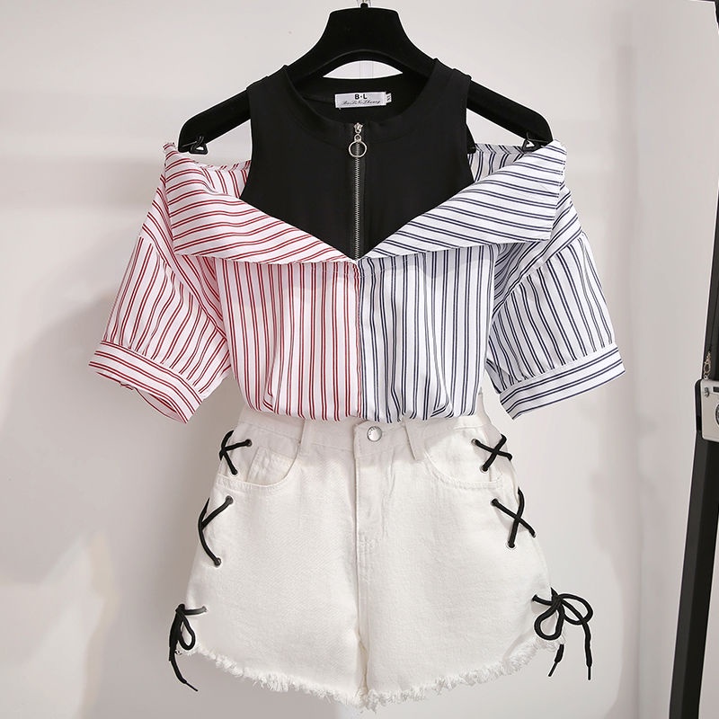 2021 summer new spliced shirt women's Korean version of fake two pieces of design careful machine shoulder leakage chiffon blouse