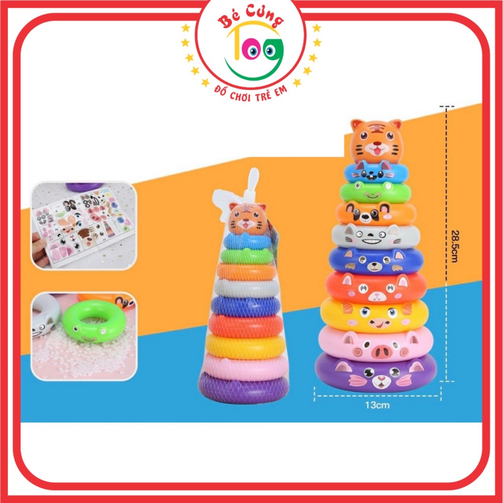 Đồ Chơi Tháp Xếp Chồng 9 Vòng Tròn Cỡ Lớn Kèm Sticker Dán Trang Trí Hình Động Vật Dễ Thương Dành Cho Bé