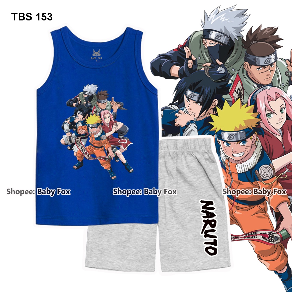 Bộ thun sát nách bé trai 100% cotton loại tốt, BABY FOX, hình Naruto, size nhí trung, đại l