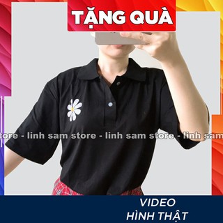 Áo thun Polo tay lỡ có cổ phông form rộng freesize  nữ unisex mặc đi học, cặp, nhóm, lớp màu trắng hình hoa cúc đen
