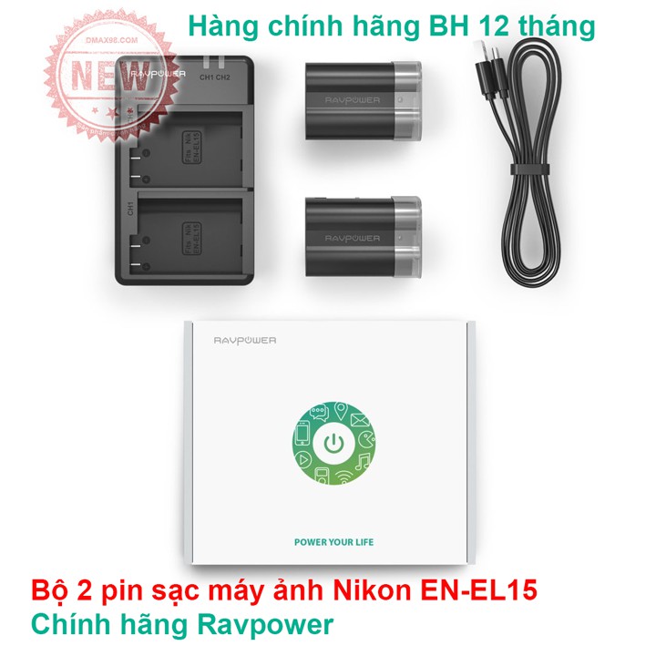 Bộ 2 pin sạc máy ảnh Nikon EN-EL15 chính hãng Ravpower Mỹ