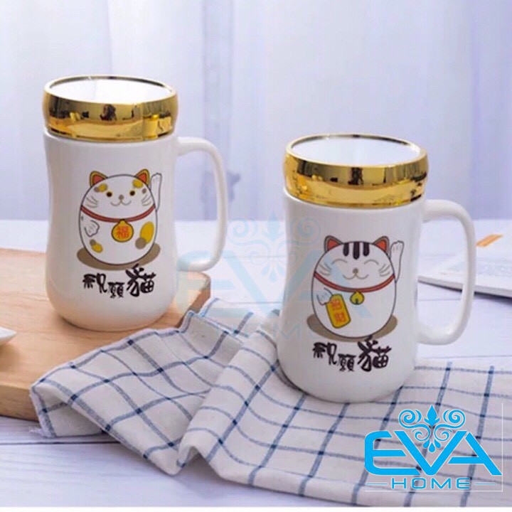 Ly Sứ Giữ Nhiệt Nắp Gương Hoạ Tiết Mèo Thần Tài