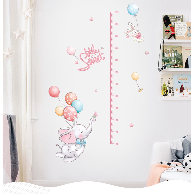 Decal dán tường thước đo chiều cao cho bé yêu Chú voi con bay vui vẻ - decan cao cấp tự dán tại nhà dễ dàng AMYSHOP