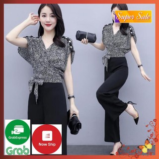 Set Bộ Áo Đắp Chéo Cột Eo Cao Cấp - Bộ Áo Voan Tay Ngắn Quần Lụa Nhập Cao Cấp Mịn Mát Sang Trọng