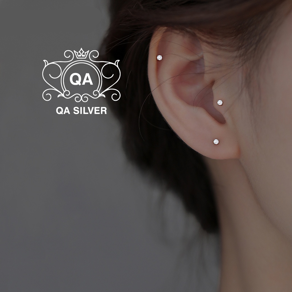 Bông tai bạc nụ đá nhỏ nam nữ 4 chấu khuyên tai mini trắng đen xanh S925 MINIMAL Silver Earrings QA SILVER EA200603