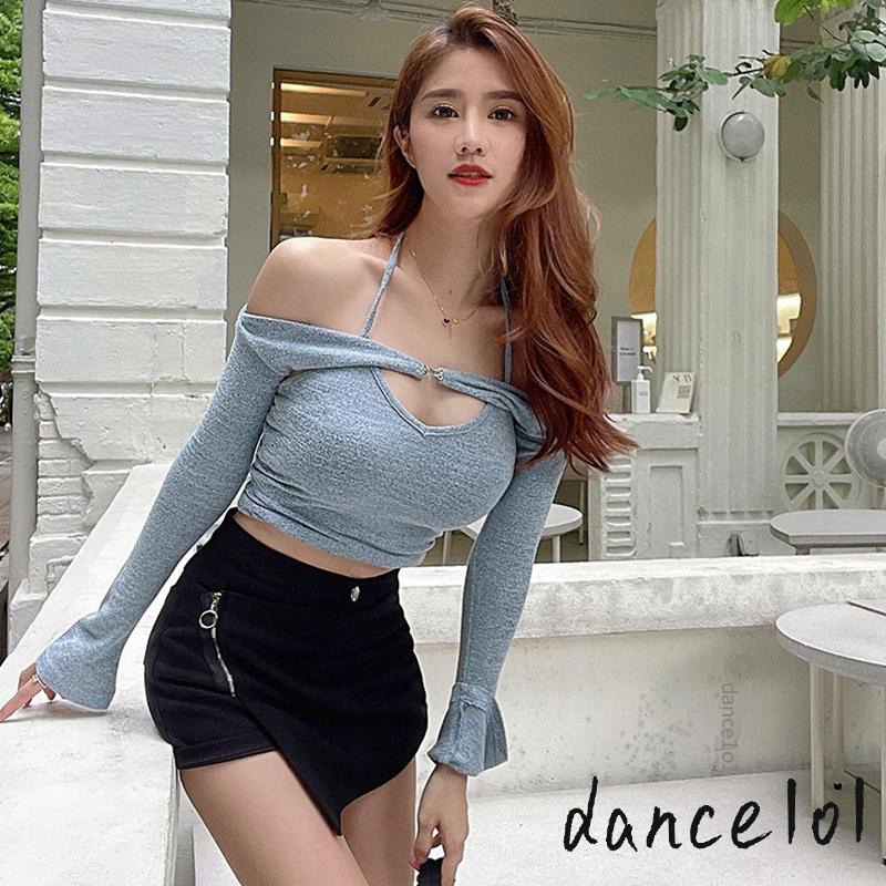 Áo Crop Top Nữ Tay Dài Cổ Yếm Hở Lưng Gợi Cảm 1O1