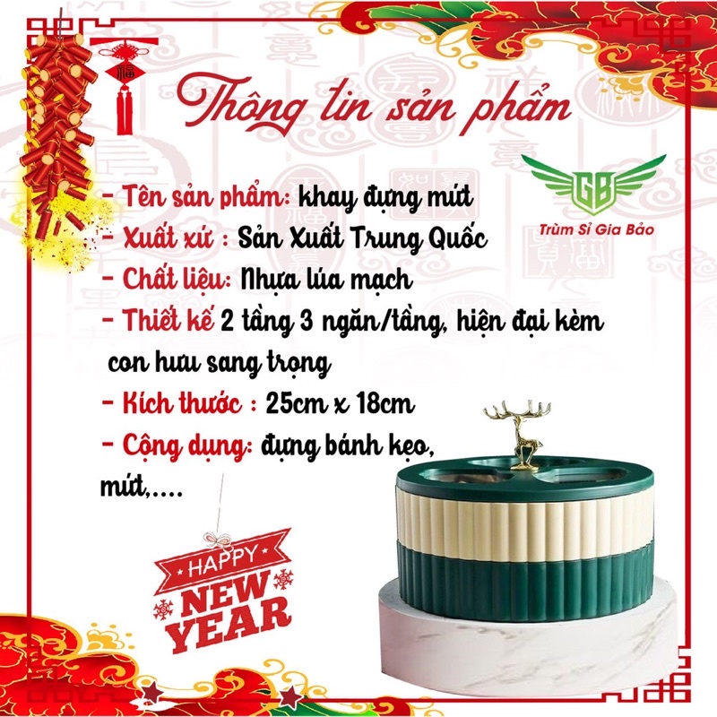 Khay đựng bánh kẹo Tết 2024 Giáp Thìn sang trọng, hộp để mứt Tết 2 tầng, hũ mức các loại hạt dưa, hướng dương hươu vàng