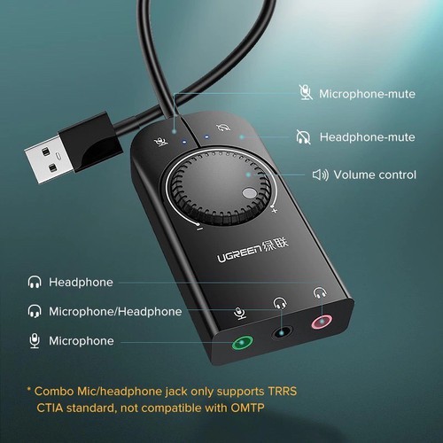 Cáp USB Sound Ugreen 40964 Chuẩn 3.5mm Loa và Mic có Volume Control - Hàng Chính Hãng