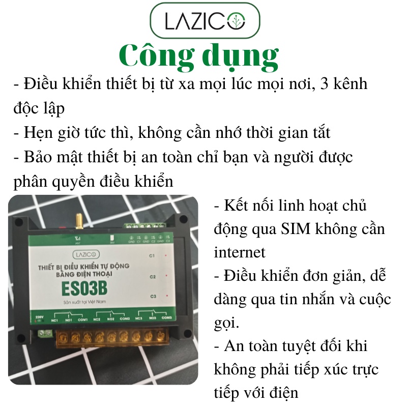 Bộ điều khiển từ xa cho máy bơm motor quạt 220V bằng điện thoại 3 kênh độc lập LAZICO ES03B