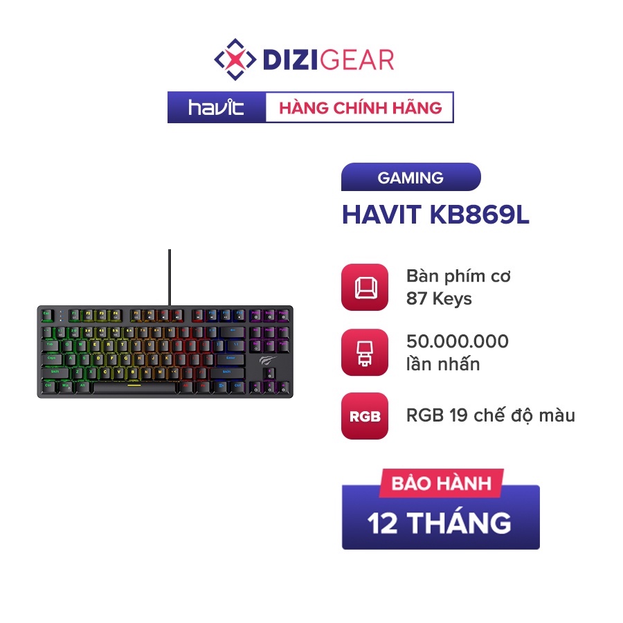 Bàn Phím Cơ Gaming HAVIT KB869L, 87 Phím, 14 Chế Độ Led Rainbow - Chính Hãng BH 12 Tháng Dizigear
