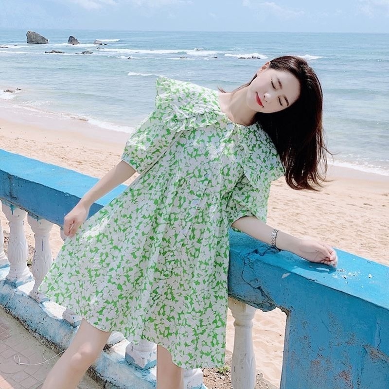 Đầm Midi Tay Phồng Cổ Búp Bê Dễ Thương Thời Trang Mùa Hè Cho Nữ