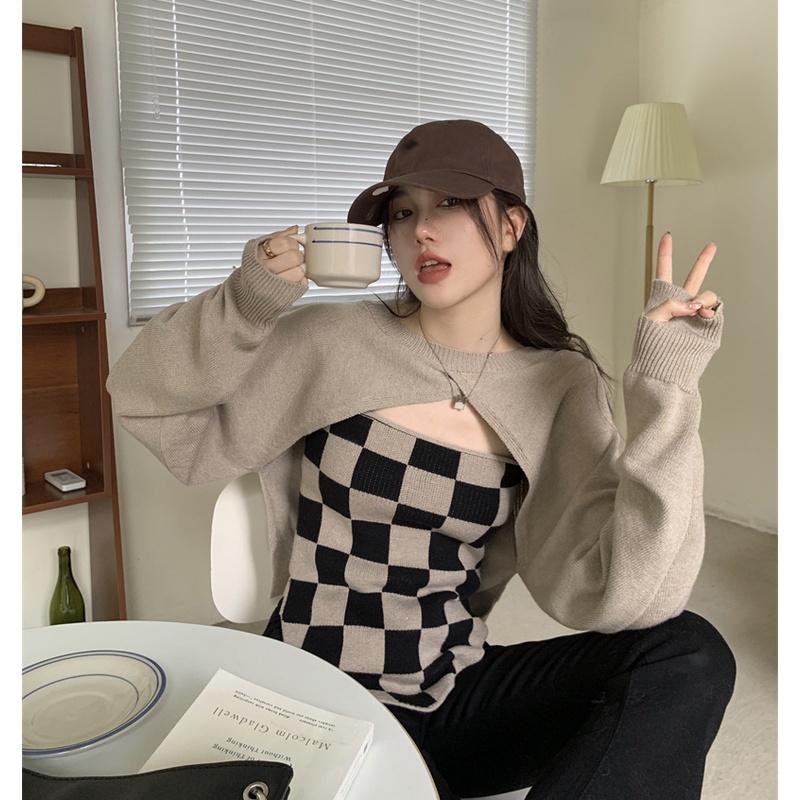 QKOOLE  Áo hai dây dệt kim sọc ca rô và áo khoác dệt kim phong cách Hàn Quốc dành cho nữ