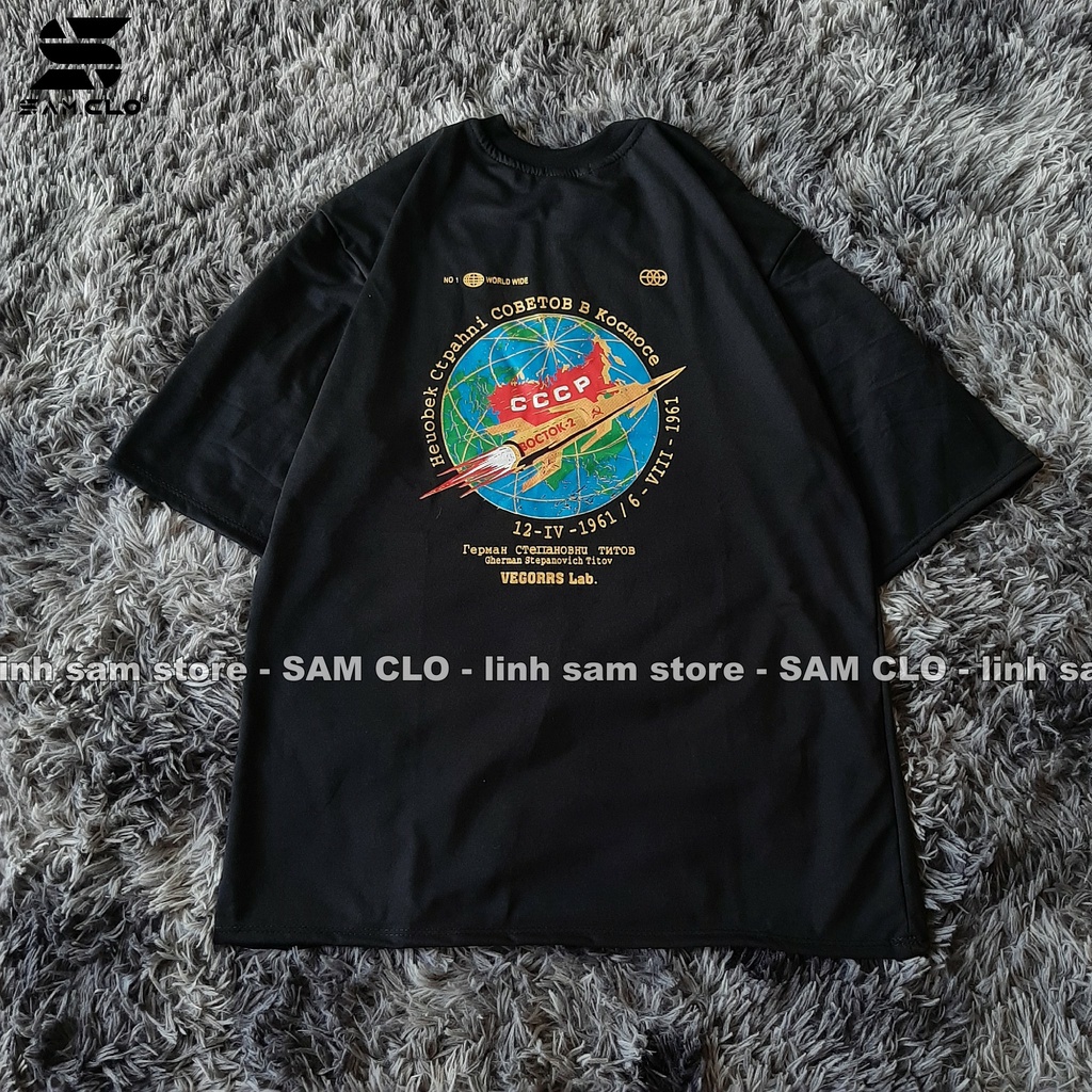 Áo thun nữ tay lỡ freesize phông form rộng Unisex mặc lớp, nhóm, cặp in hình địa cầu tên lửa CCCP