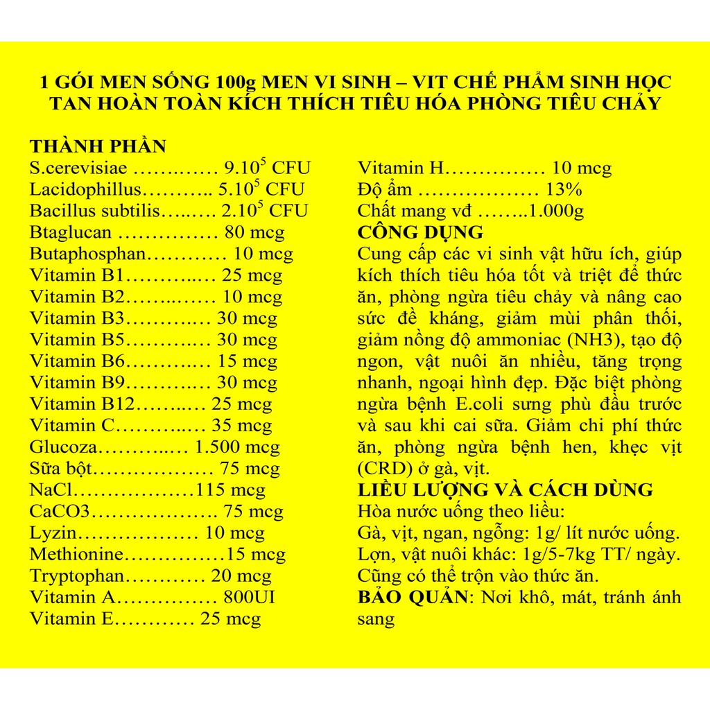 1 GÓI MEN SỐNG 100g MEN VI SINH – VIT CHẾ PHẨM SINH HỌC TAN HOÀN TOÀN DÙNG TỐT CHO GIA SÚC, GIA CẦM, CHÓ MÈO, GÀ CHỌI