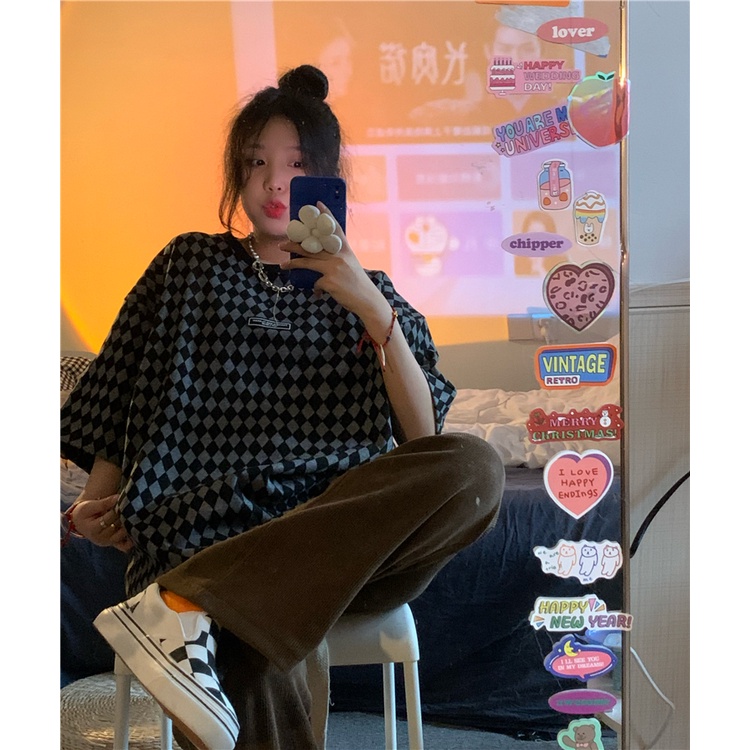 Áo Thun Nữ Ngắn Tay Cổ Tròn Họa Tiết Caro Phong Cách Harajuku retro