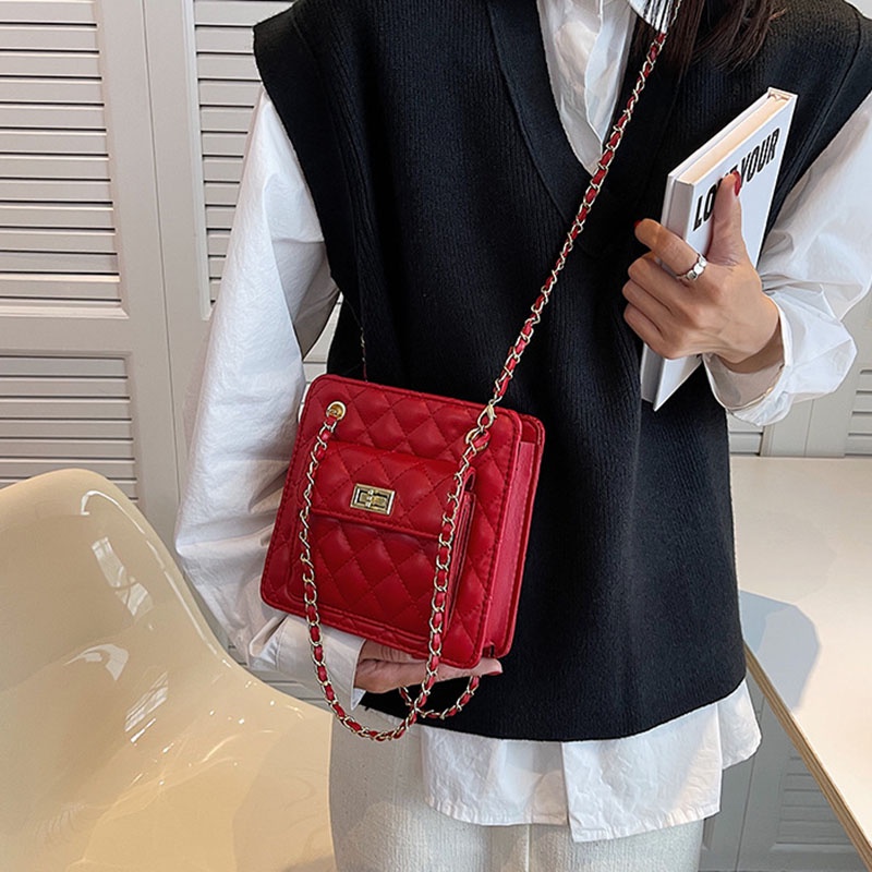 IELGY Túi Đeo Vai Hình Vuông Nhỏ Thêu Họa Tiết Hình Thoi Thời Trang Cho Nữ