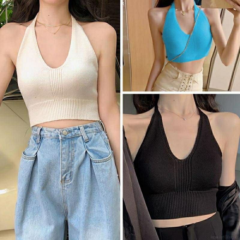 Áo yếm croptop cột dây sợi tăm (dệt kim) trắng đen