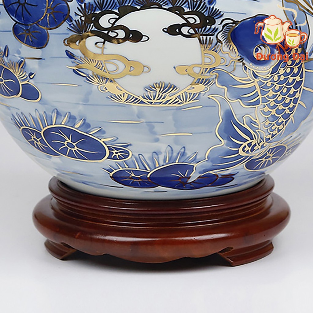 Bình hút tài lộc Gốm Sứ Bát Tràng Đương Đại men lam vẽ vàng cao 28cm Lý Ngư Vọng Nguyệt