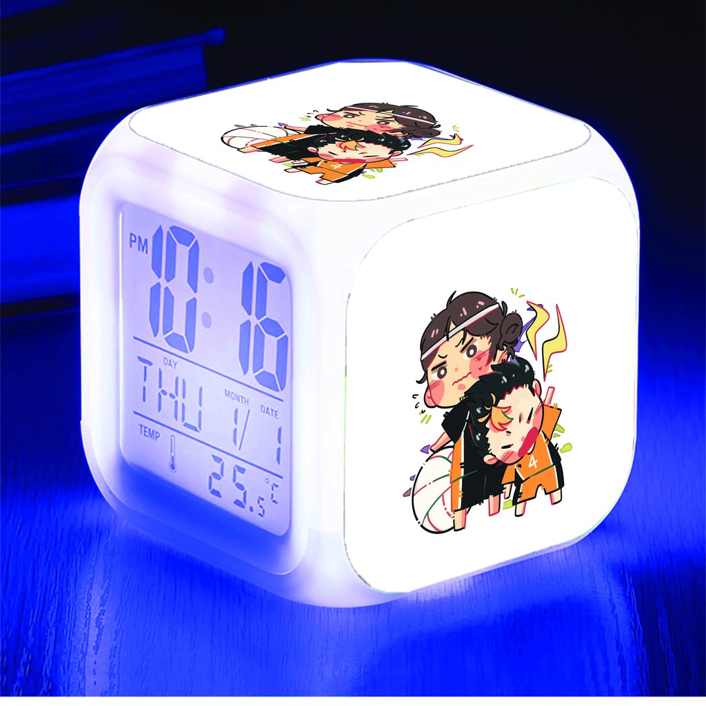 Đồng hồ báo thức để bàn in hình HAIKYUU!! Vua Bóng Chuyền anime chibi LED đổi màu