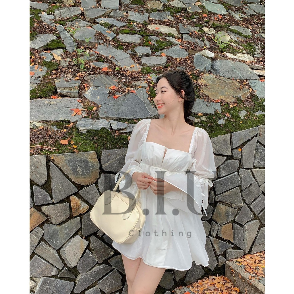 Đầm xòe tay dài loe baby doll nơ khoét ngực lolita chất phi phối voan 2 lớp Weeni dress trắng BB0041 BIU Clothing