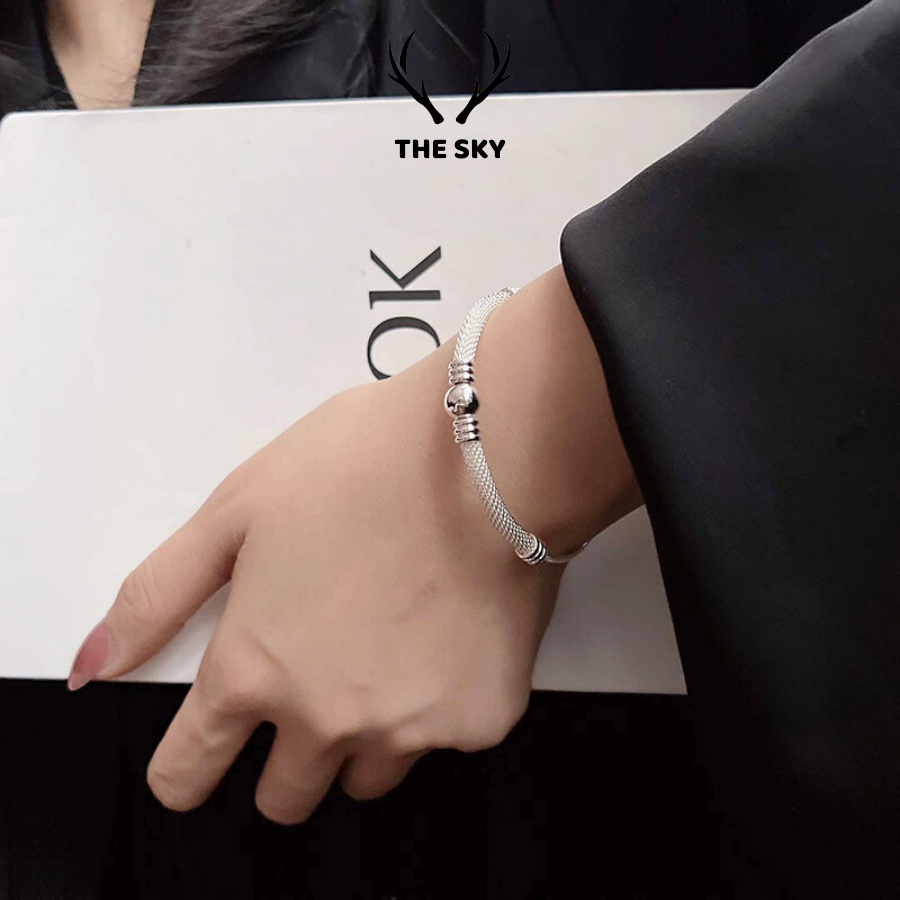 Lắc Tay Bạc Nữ THE SKY VT1029 Mẫu Trơn Hở Khắc Nổi Đính Viên Bi Bạc, Kiềng tay nữ chất liệu bạc Ý Phụ Kiện Trang Sức Đẹp