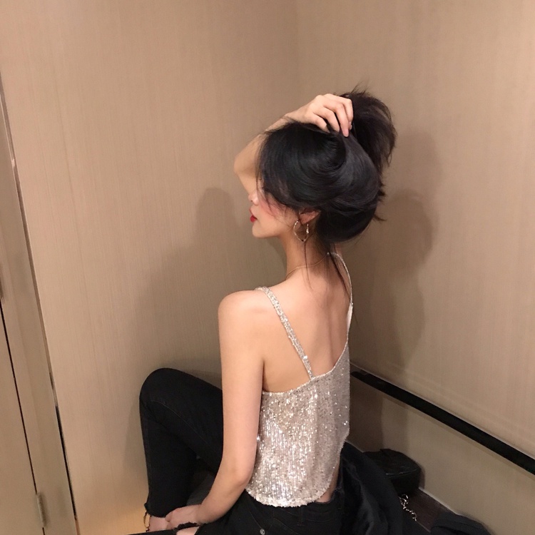 Áo Hai Dây Dáng Ngắn Đính Kim Sa Lấp Lánh Thời Trang Xuân Hè 2020 Phong Cách Hàn Quốc Mới Cho Nữ