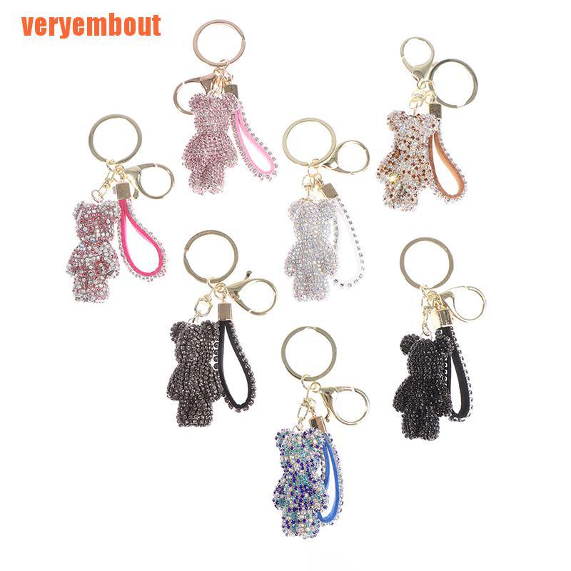 Móc Chìa Khóa Bằng Da Đính Đá Hình Gấu Đáng Yêu