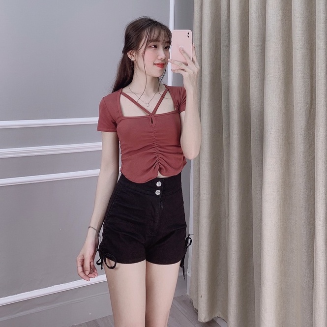 Quần đùi nữ mặc nhà lưng cao, quần short nữ kaki lưng cao dây rút MS80