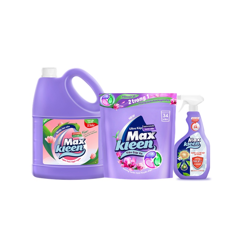 Combo MaxKleen: Chai Lau Sàn 3.6kg Ngàn Hoa Ngọt Ngào + Túi Viên Giặt Xả Mới + Nước Lau Bề Mặt Đa Năng