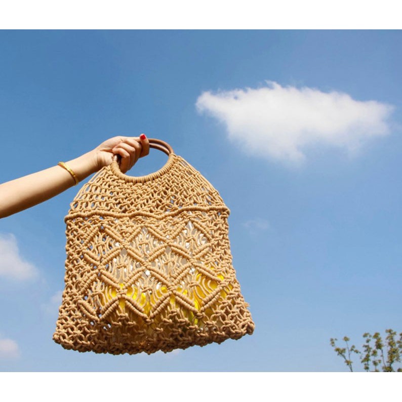 Túi đi biển, đan macrame siêu xinh xắn dành cho mùa hè, phong cách vintage, boho, Cao: 29cm Dài: 32cm Vòng quai: 11cm