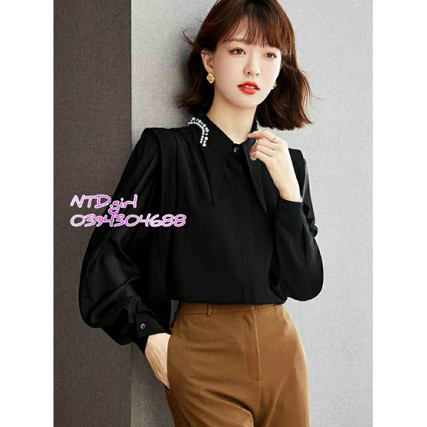 Hàng nhập - Áo sơ mi nữ cổ nhọn kết hạt đá, áo kiểu công sở văn phòng xinh xắn