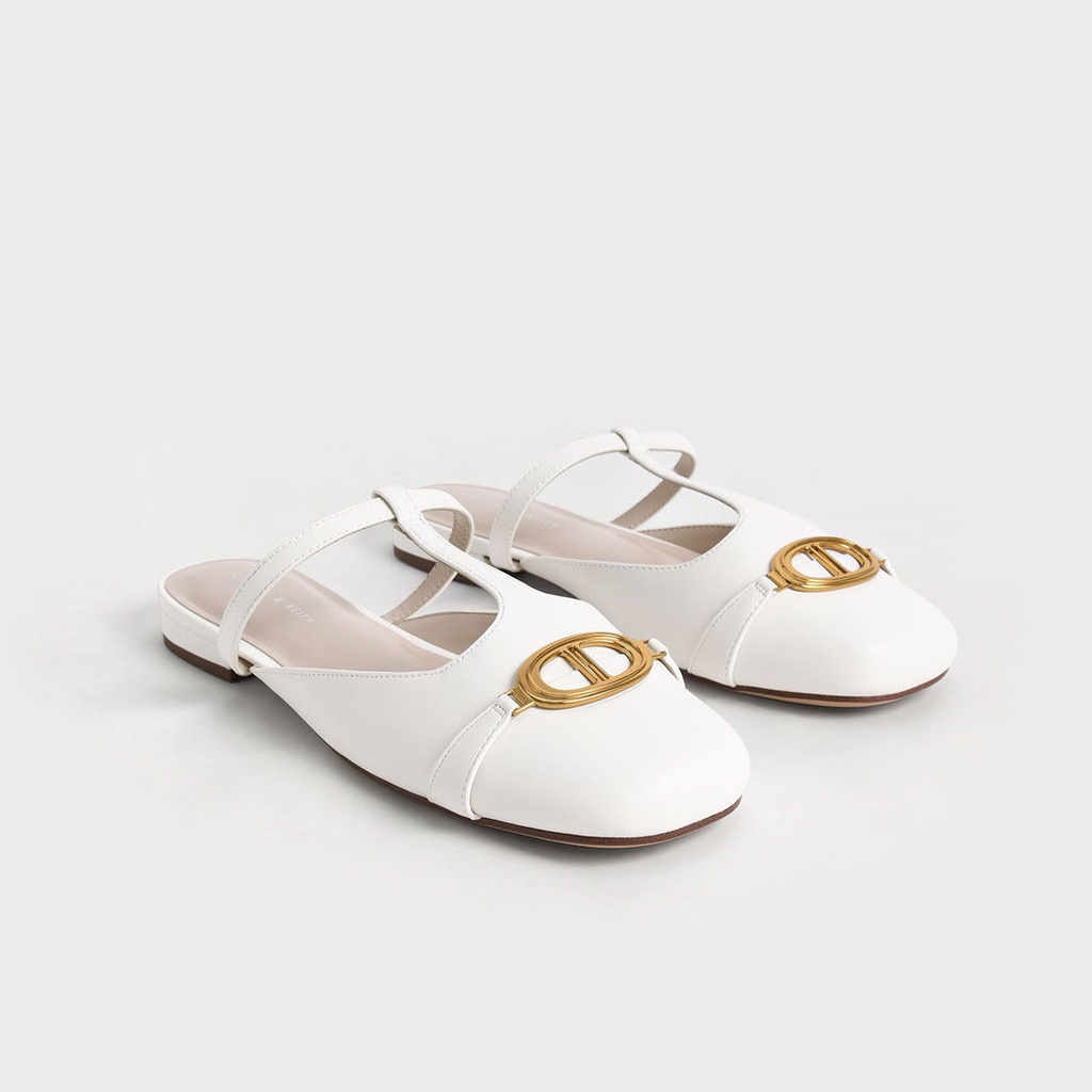 Sục Giày mules Cnk nữ mũi tròn vuông hở gót Metallic Accent khuy khóa vàng EOODOO