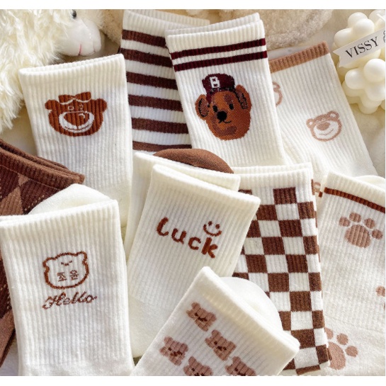 Vớ Cotton Màu Trơn Thêu Hình Chú Gấu Phong Cách Hàn Quốc Mới2022