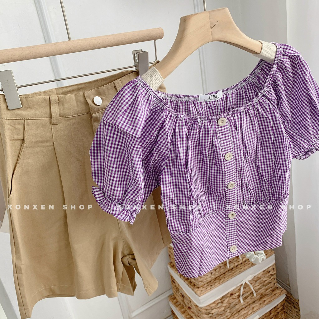 ÁO TRỄ VAI áo bệt vai chấm bi dễ thương nút trước XONXEN SHOP freesize mã 67