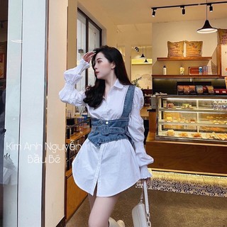 Set ÁO sơ mi kèm yếm jeans