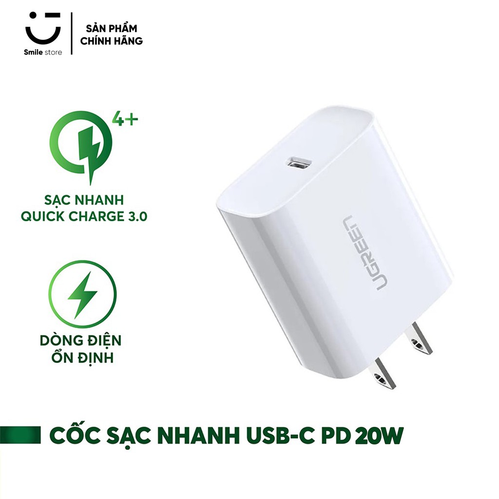 Cốc Sạc Nhanh UGREEN 1 Cổng USB Type C Hỗ trợ PD QC 4.0 3.0 Tối Đa 20W Dùng Cho ip12/ip11/XS Max/XS/ip8+ và Android