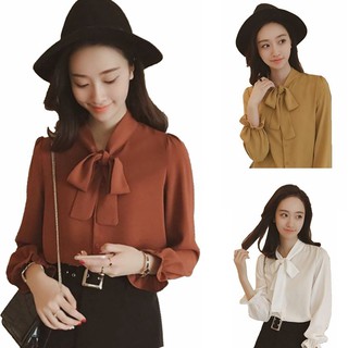 Áo chiffon nữ màu trơn cổ phối nơ thời trang