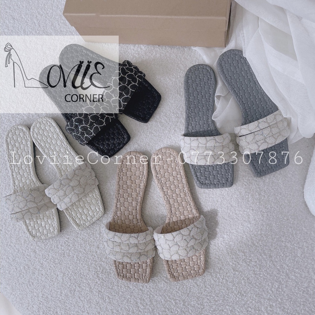 DÉP NỮ LOVIIECORNER - DÉP THỜI TRANG BỆT PHONG CÁCH NỮ TÍNH QUAI NGANG ĐÍNH HẠT ĐẾ THẤP D220702