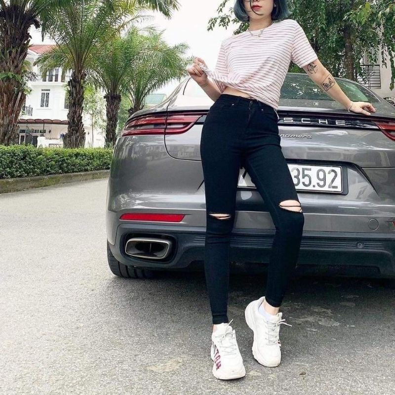 Jean Lưng Cao Rách Gối/ Jeans  Co Giản Lưng Cao Loại 1