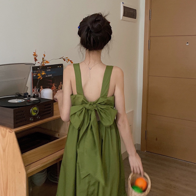 Đầm Hai Dây Hở Lưng Màu Xanh Bơ 2022 Thời Trang Mùa Hè Cho Bé Gái